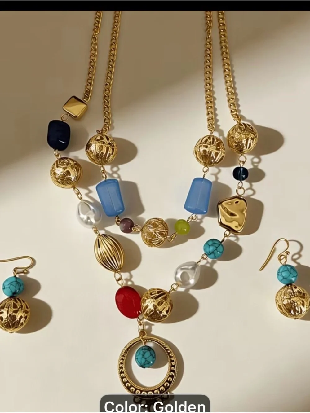 3pcs vintage Bohemian Multi-Color Beaded double layer Necklace Earring Set